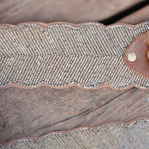 Wide Beaded Leather Belt Scalloped Boho Anthropologie Style Small main image 7